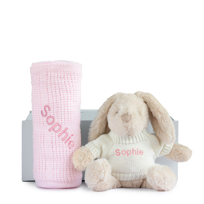 Cuddle Set - Beige, Cream, Pink Or Taupe Bunny With Green, Grey, Pink, Rose or White Blanket