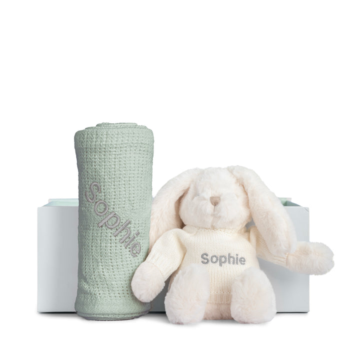 Cuddle Set - Beige, Cream, Pink Or Taupe Bunny With Green, Grey, Pink, Rose or White Blanket