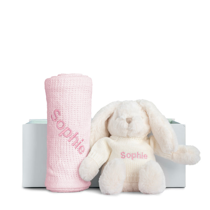 Cuddle Set - Beige, Cream, Pink Or Taupe Bunny With Green, Grey, Pink, Rose or White Blanket