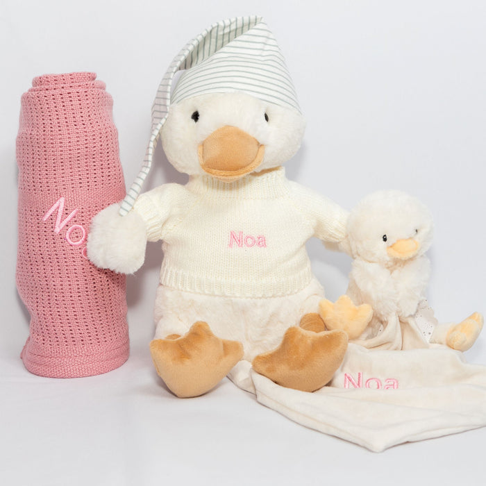 Ducky Plushy Rattle Set with Green, Grey, Pink, Rose or White  Blanket