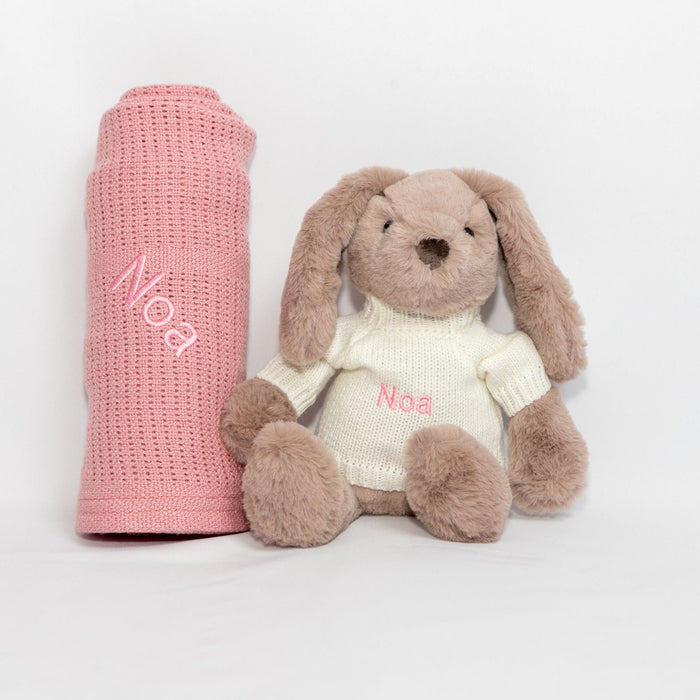 Cuddle Set - Beige, Cream, Pink Or Taupe Bunny With Green, Grey, Pink, Rose or White Blanket